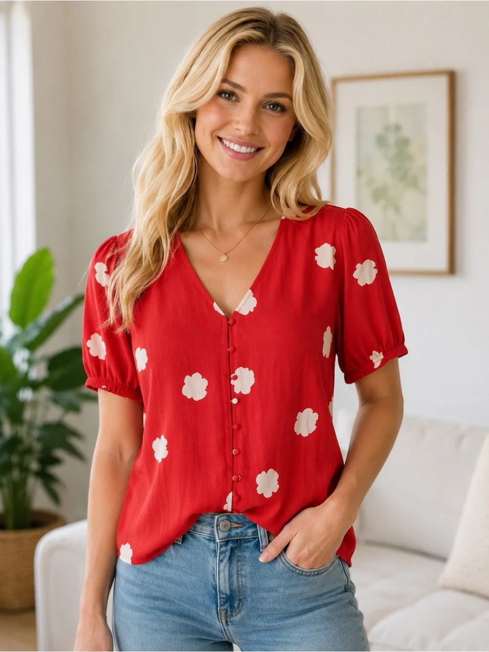 Banana Republic Factory Red Blouse White Women’s Floral Print Button Up L NEW - Picture 1 of 8